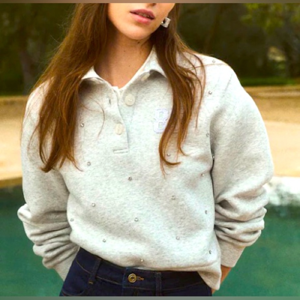 H&M Divided Embellished Scuba Rugby Shirt Rhinestone Cropped Sweatshirt XL Grey